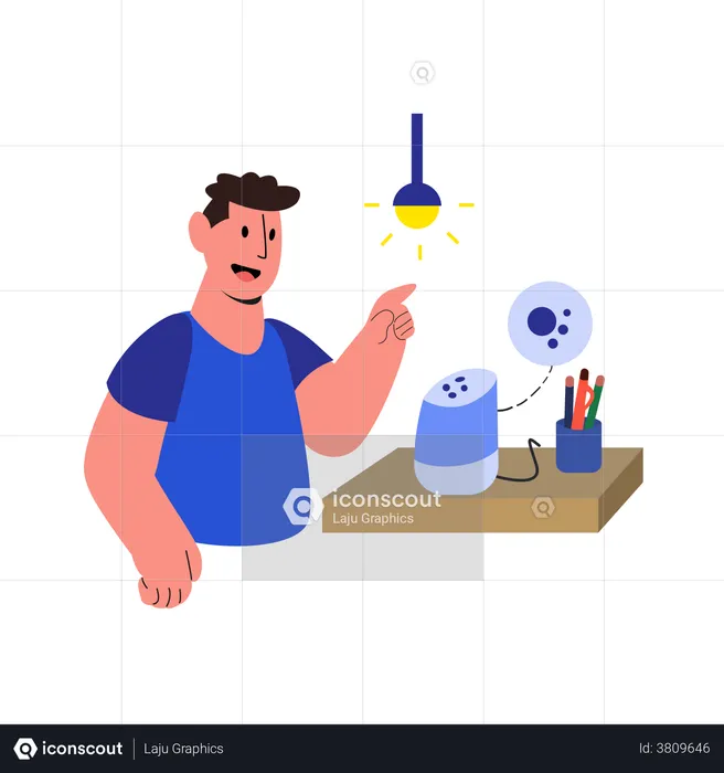 Man giving voice command for turning on lamp  Illustration