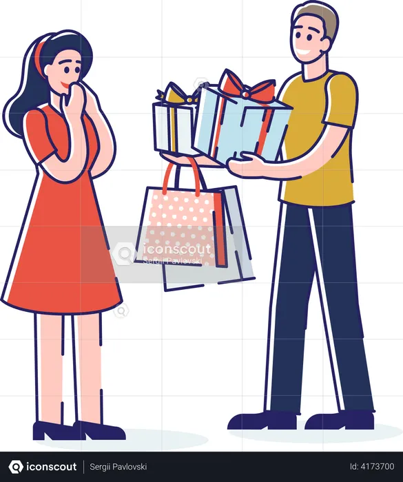 Man giving woman gifts  Illustration