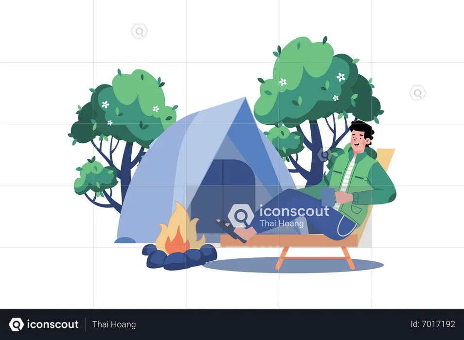 Man goes camping to enjoy nature  Illustration