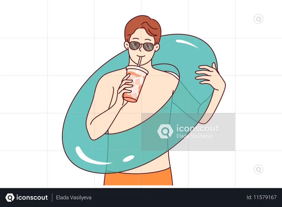 男はビーチに行き、膨らませた浮き輪を手に冷たいカクテルを飲む。  イラスト
