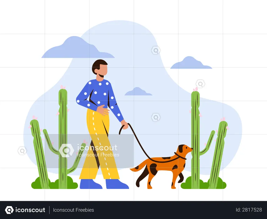 Man going on morning walk with his dog  Illustration