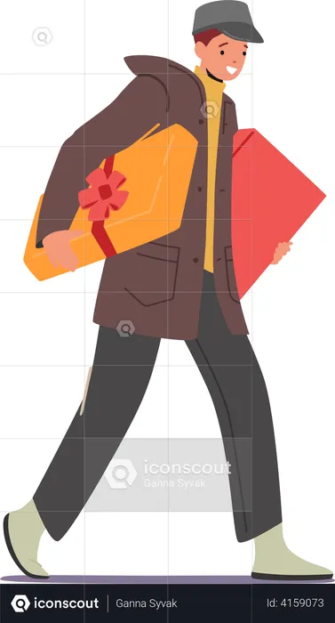 Man going to a christmas party and carrying gift boxes  Illustration