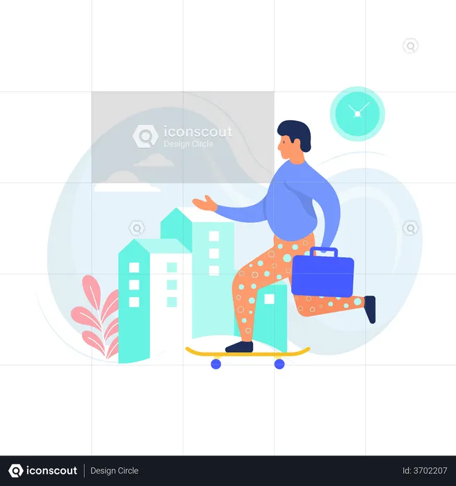 Man going to work using skateboard  Illustration