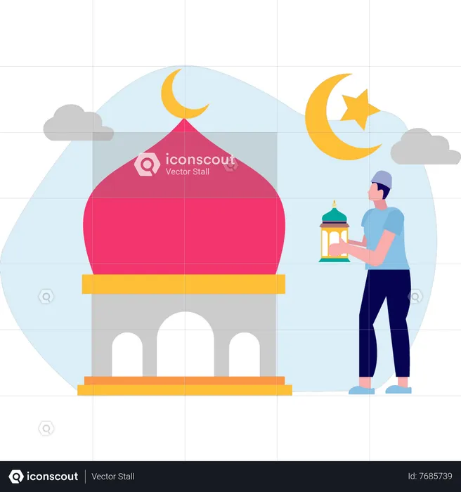 Man going towards mosque  Illustration