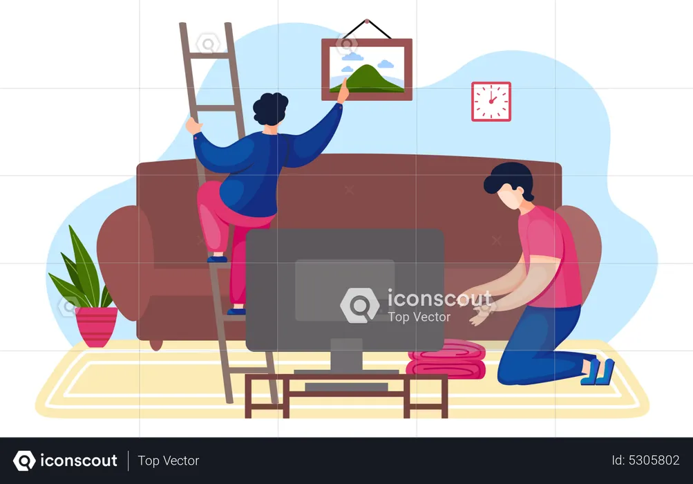 Man going up the stairs hangs a picture on the wall in the living room  Illustration
