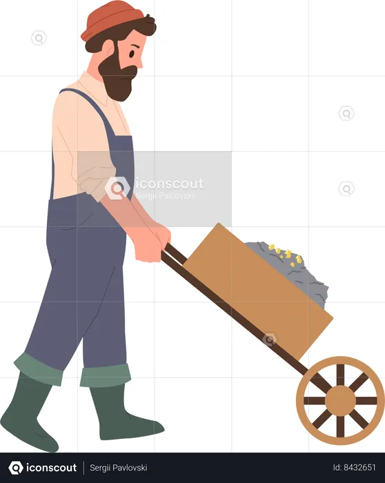 Man gold digger pushing trolley cart with ore  Illustration