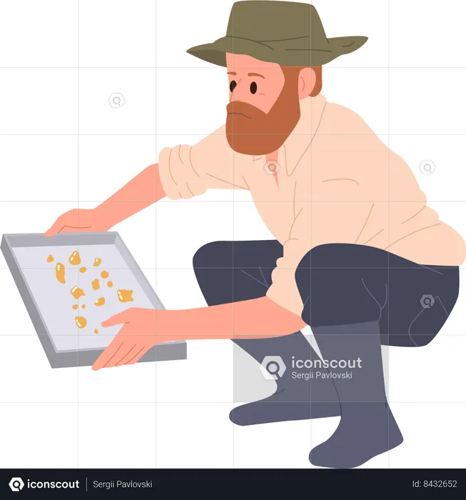 Man gold digger washing golden stones and dust in river water  Illustration