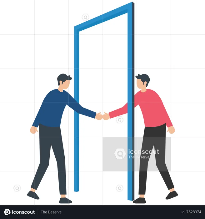 Man greeting the guest and handshake with open door  Illustration