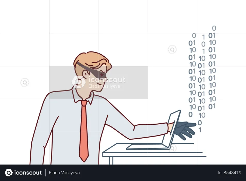 Man hacker in mask hiding face reaches out to laptop screen to steal important information  Illustration