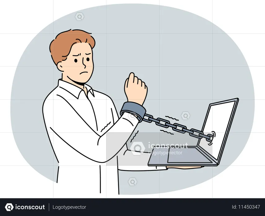 Man handcuffed to laptop symbolizes slavery of clerks and freelancers working through internet  Illustration