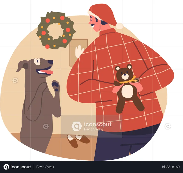 Man Hands Christmas Gift Toy To His Loyal Dog With Smile On Face  Illustration