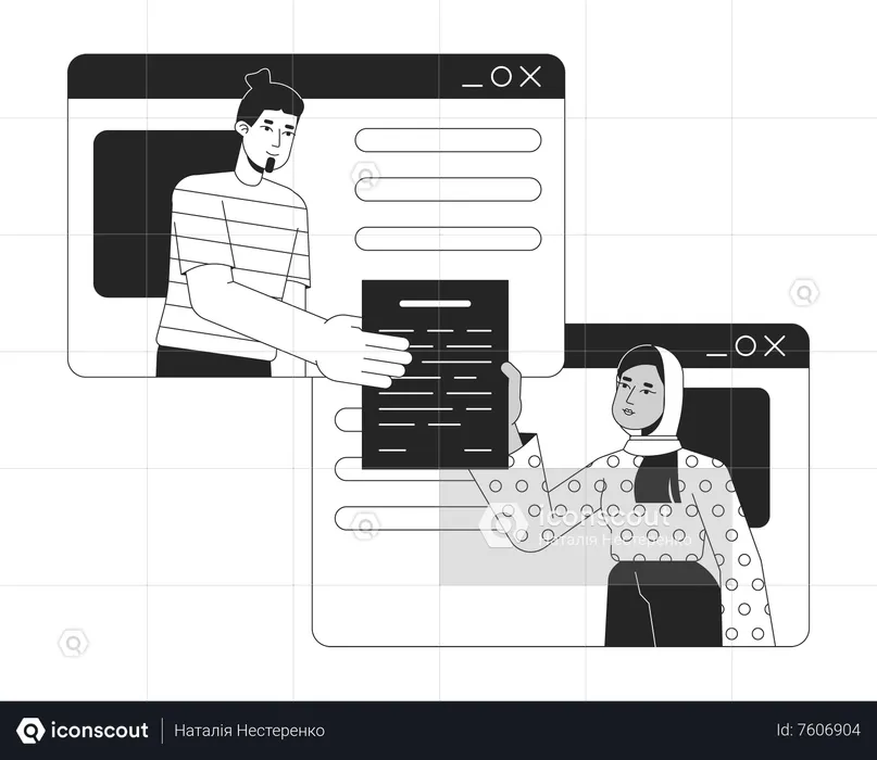 Man hands over document to woman  Illustration