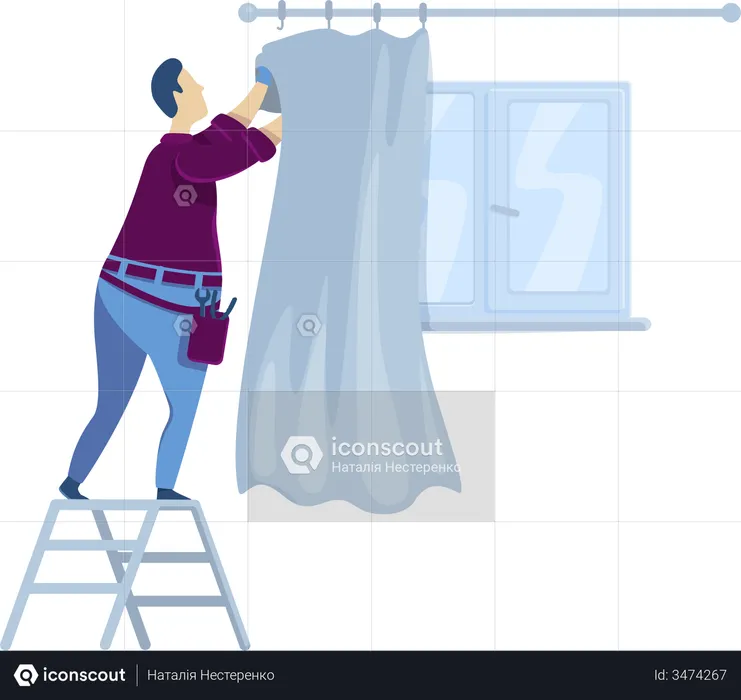 Man hanging curtains  Illustration