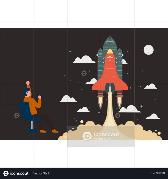 Man happy to see rocket launch  Illustration