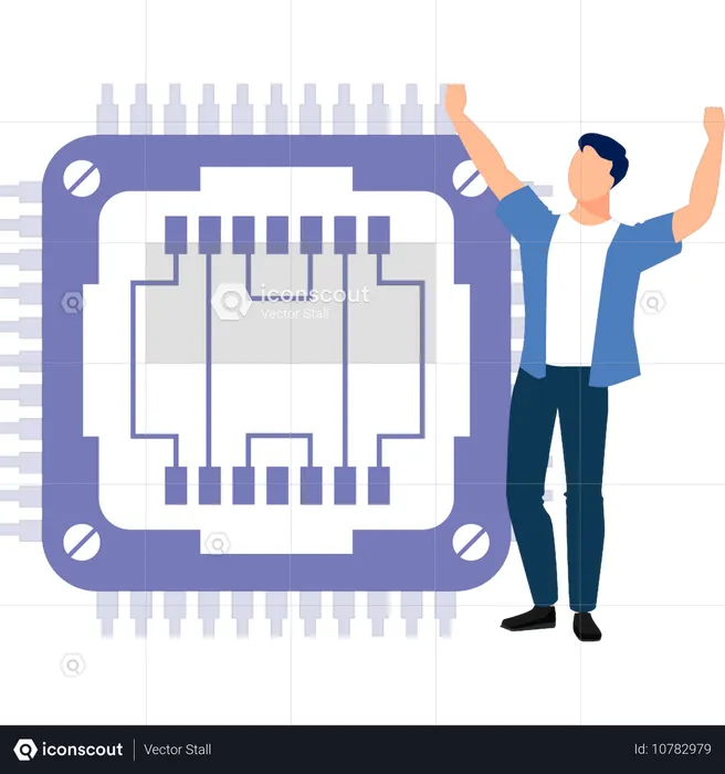 마이크로칩 엔지니어링에 만족하는 남자  일러스트레이션
