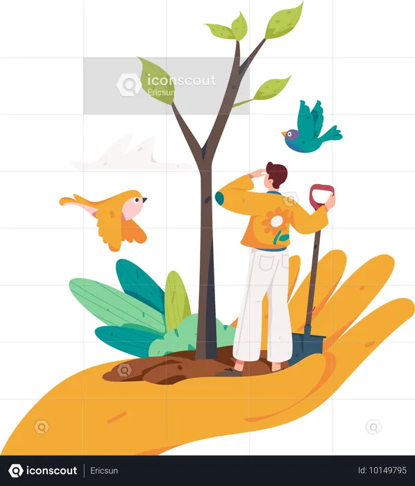 Man harvesting small trees in garden  Illustration