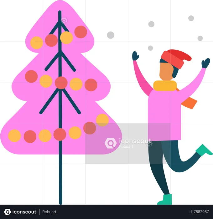 Man Have Fun Near Decorated chistmas Tree  Illustration