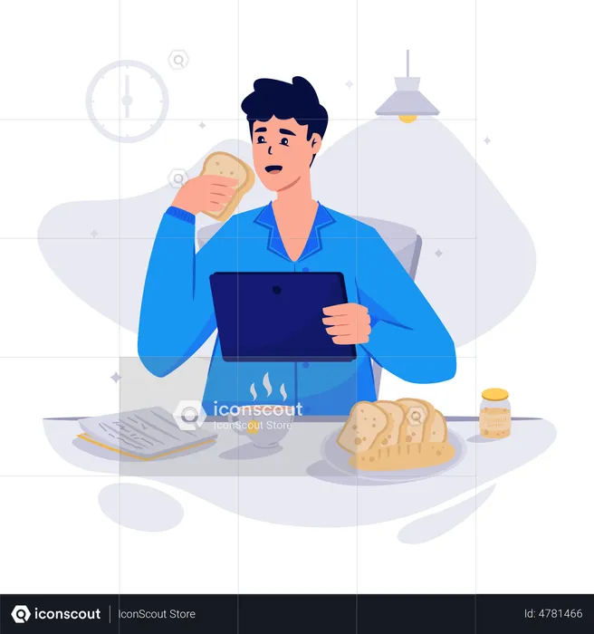 Man Having Breakfast with tablet  Illustration