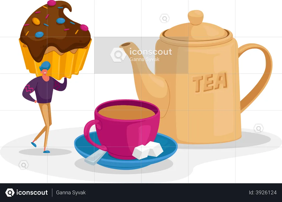 Man having cupcake with cup of tea  Illustration