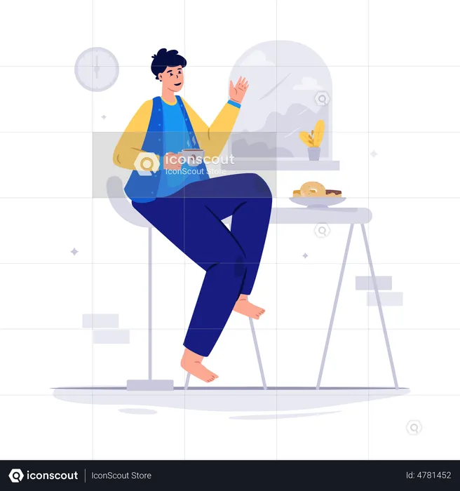 Man having Morning Coffee and Breakfast  Illustration