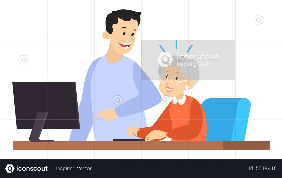 Man help old woman working on computer  Illustration