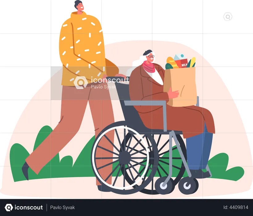 Man helping old disabled woman  Illustration