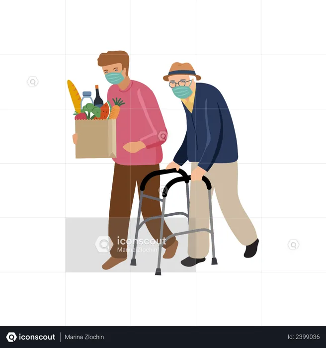 Man helping old man with grocery bag  Illustration