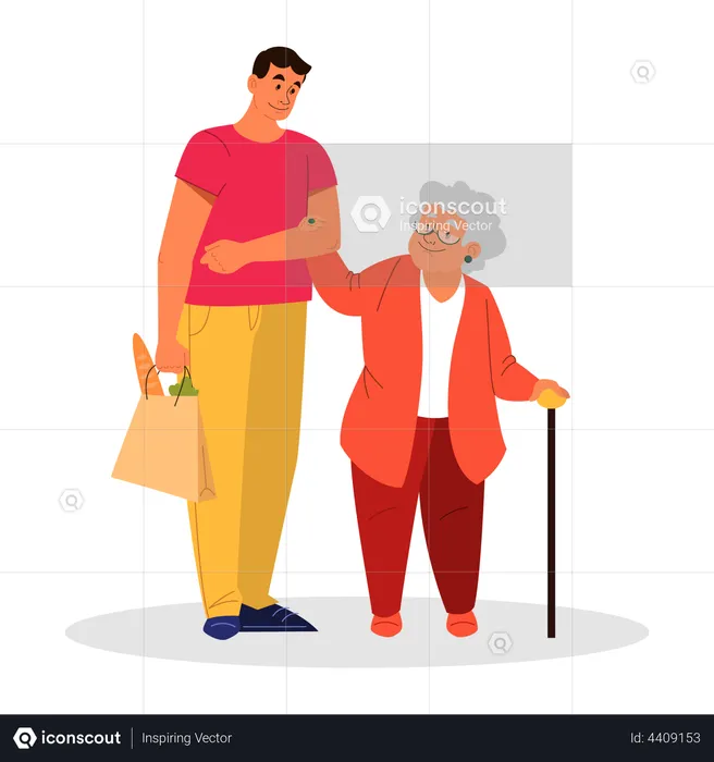 Man helping old woman  Illustration