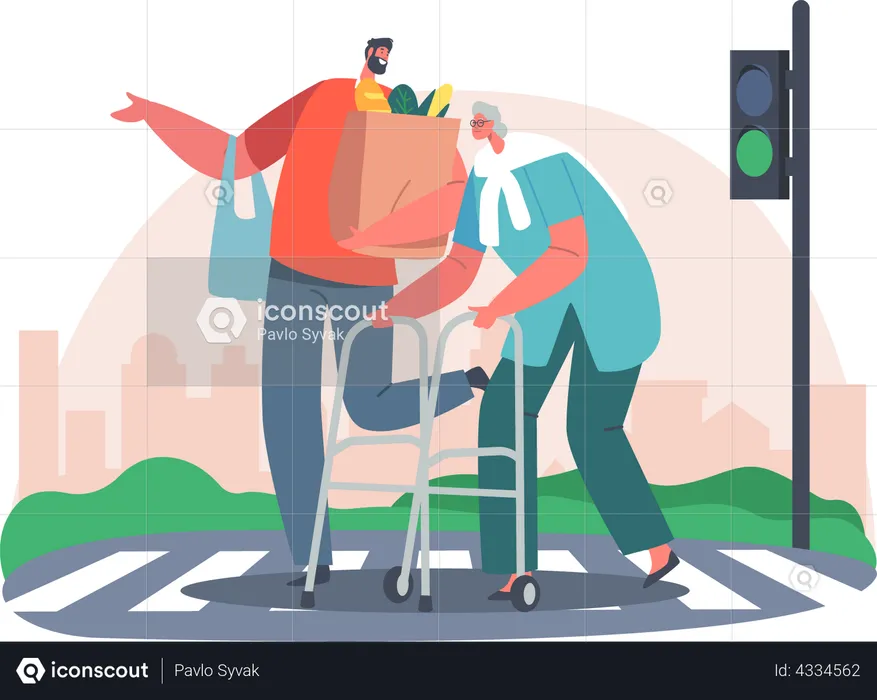 Man helping senior woman in crossing road  Illustration