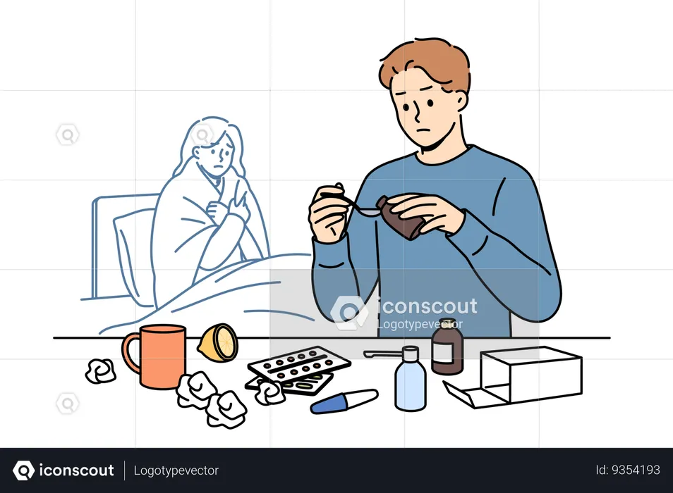 Man helping woman recover by pouring medicinal syrup while standing near bed with sick wife  Illustration