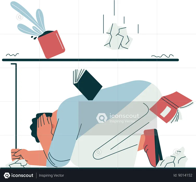 Man hiding under table during earthquake  Illustration