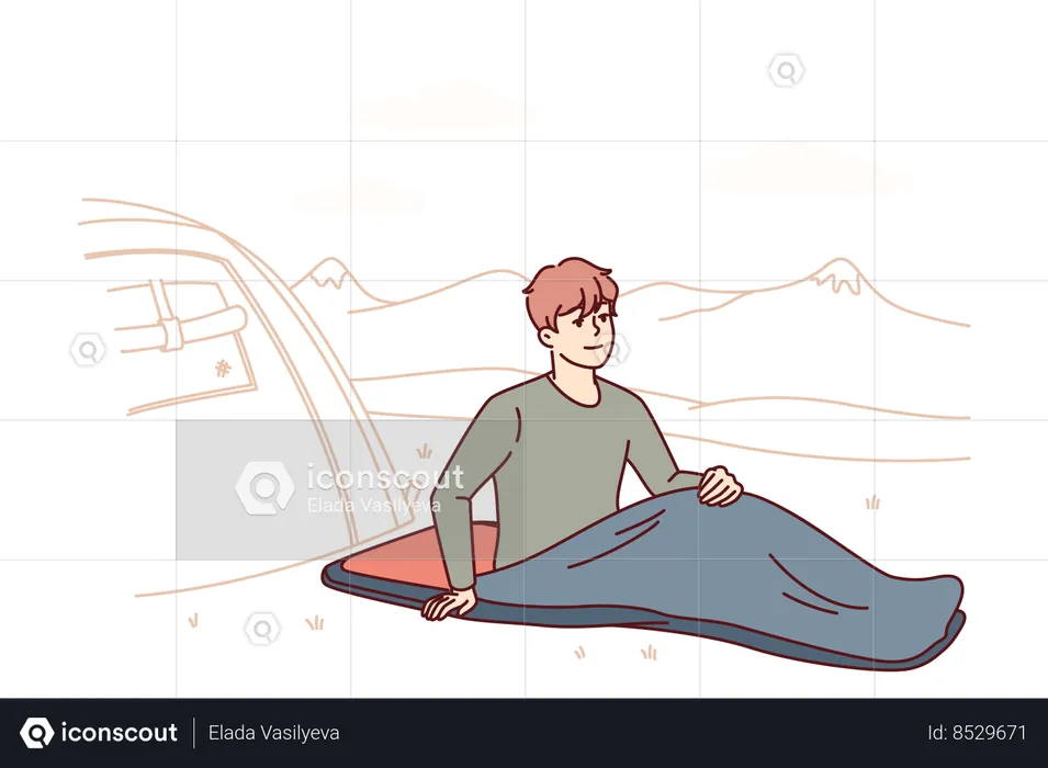 Man hiker with sleeping bag on camping  Illustration
