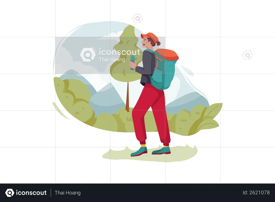 Man Hiking At jungle  Illustration