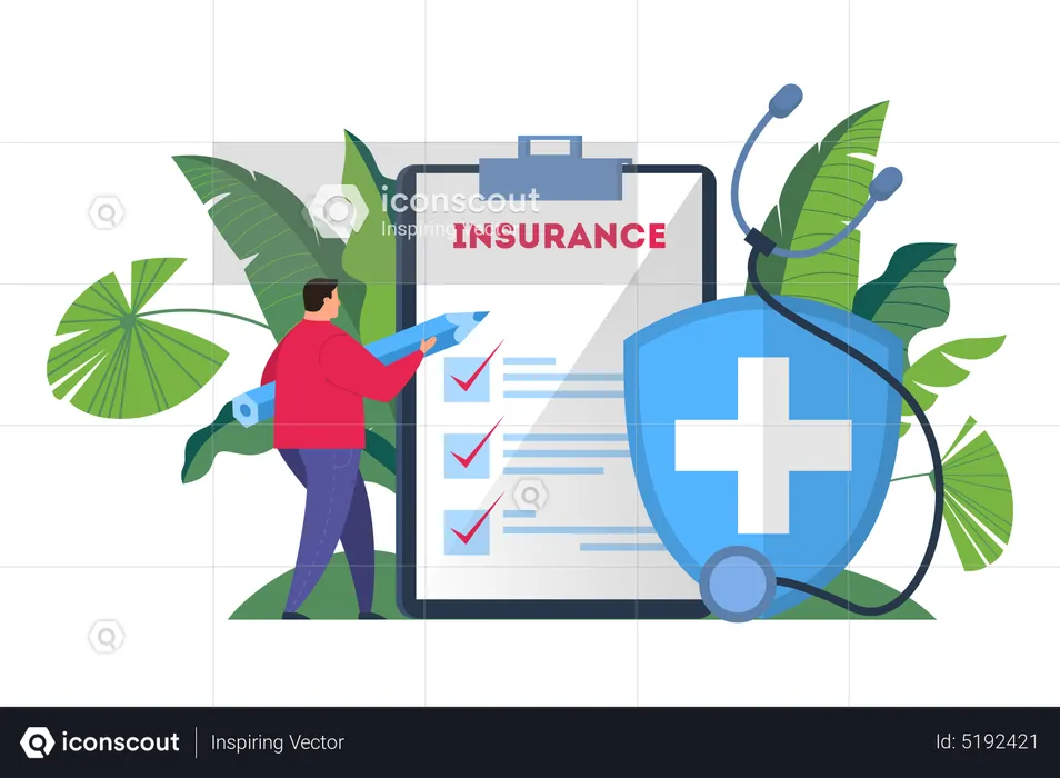 Man hold pen standing at the big clipboard and signing healthcare insurance document  Illustration