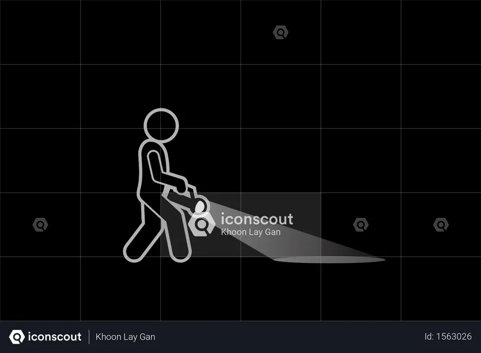 Man holding a flashlight looking and searching for something in the dark place  Illustration