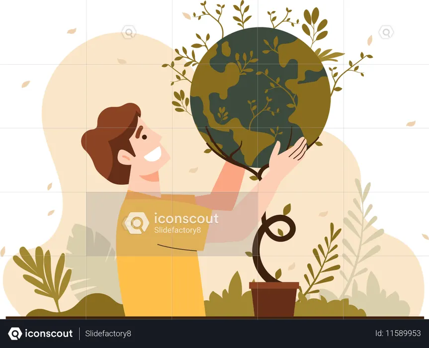 Man Holding An Earth Shaped Plant  Illustration