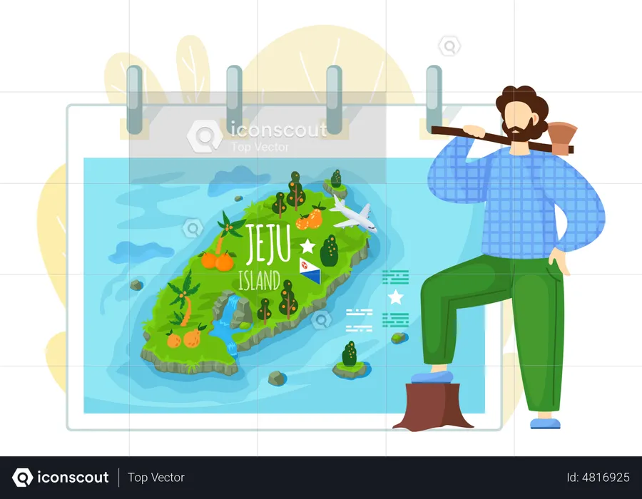 Man holding axe on jeju island  Illustration