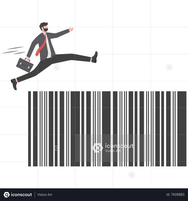 Man holding bag pole vault jump over shop barcode  Illustration