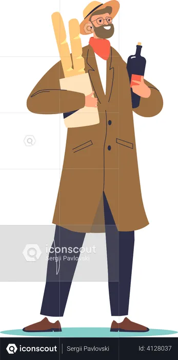 Man holding baguettes and bottle of red wine  Illustration