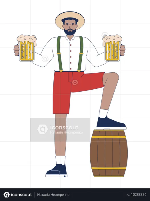 両手にビールカップを持つ男性  イラスト