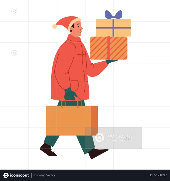Man holding Christmas gifts  Illustration