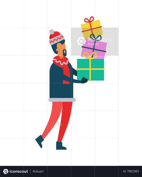 Man Holding Christmas Present Boxes Piles of Gifts  Illustration
