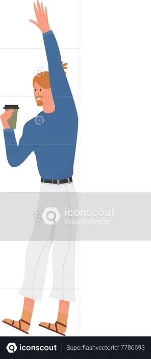 Man holding coffee and waving hand  Illustration