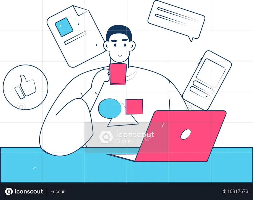 Man holding coffee cup while looking Web Based Application Form  Illustration