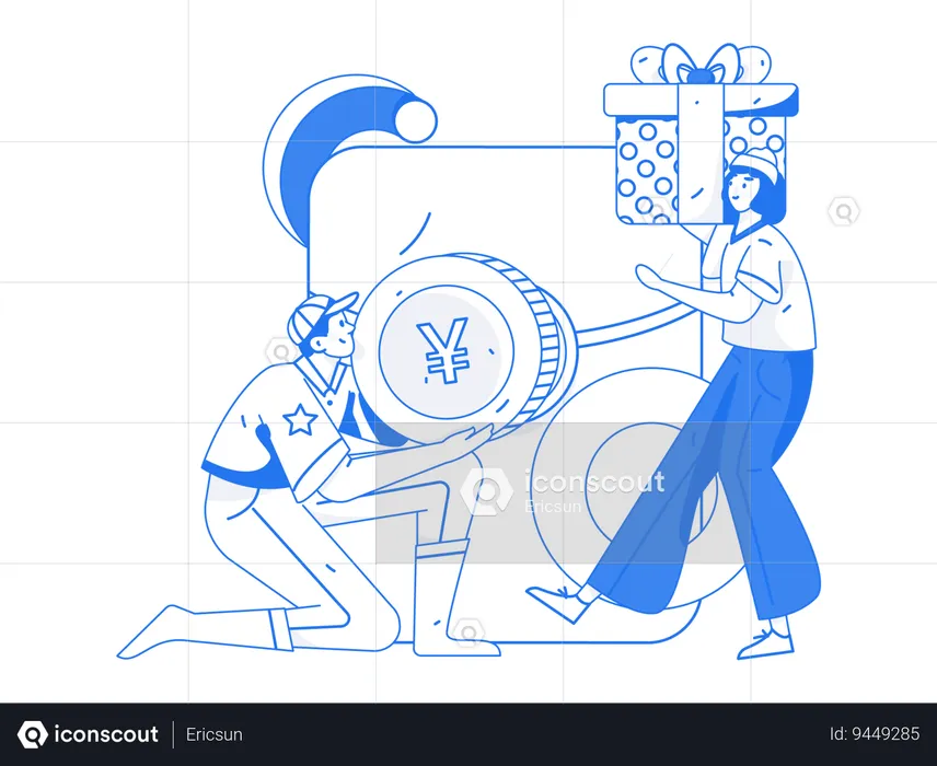 Man holding coin and girl holding gift box  Illustration