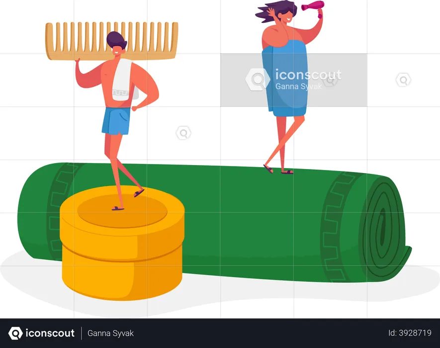 Man Holding Comb and Woman Drying Hair with after Taking Shower  Illustration