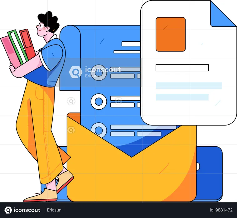 ビジネスメールを受け取りながらファイルを持っている男性  イラスト