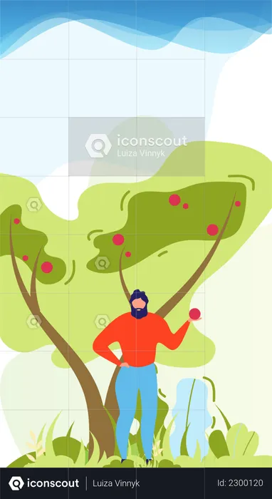 Man holding fruit and standing under tree  Illustration