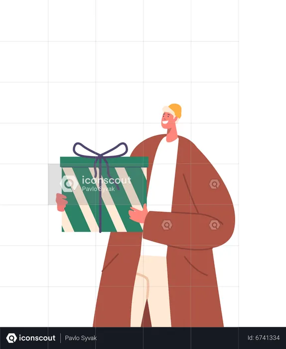Man Holding Gift Box Wrapped With Festive  Illustration