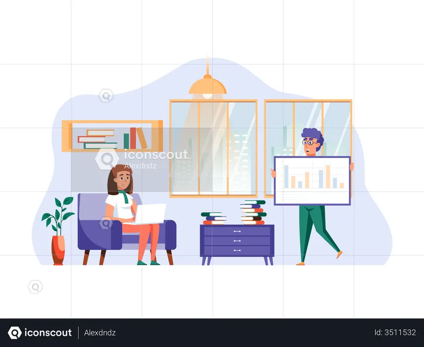 Man holding growth chart and showing it to manager  Illustration